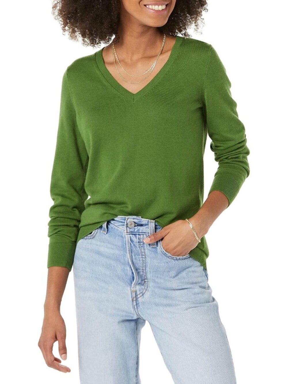 Amazon Essentials Women's Green V Neck Lightweight Long Sleeve Sweaters